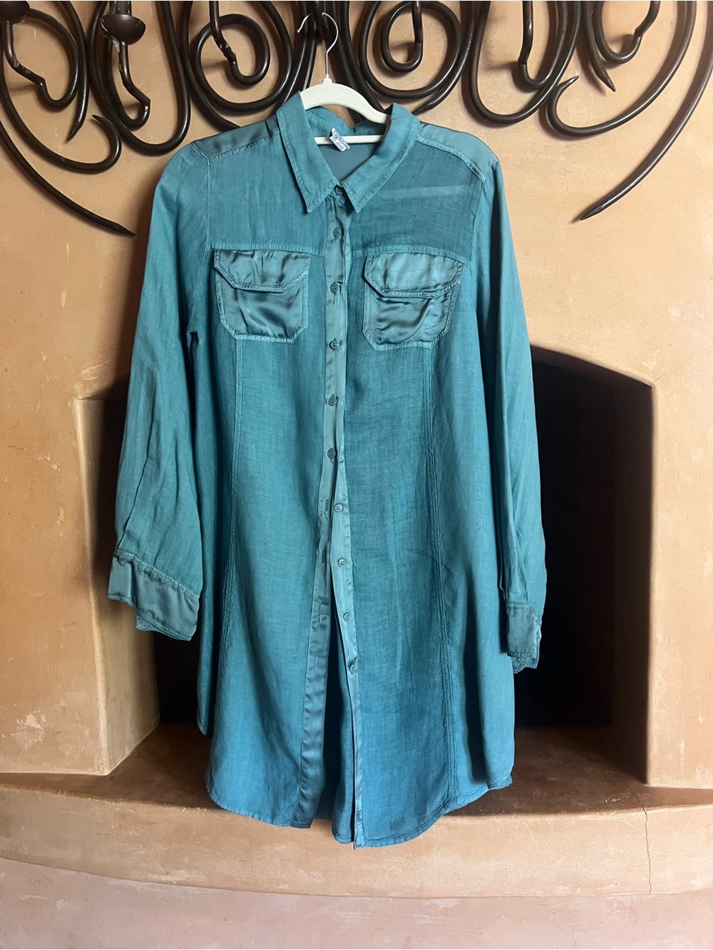 Linen Teal Button-Up Tunic Shirt/ dress